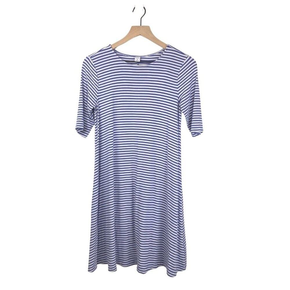 Old Navy Stripped Crew Neck Elbow Length Sleeves Short Dress White and Blue XS